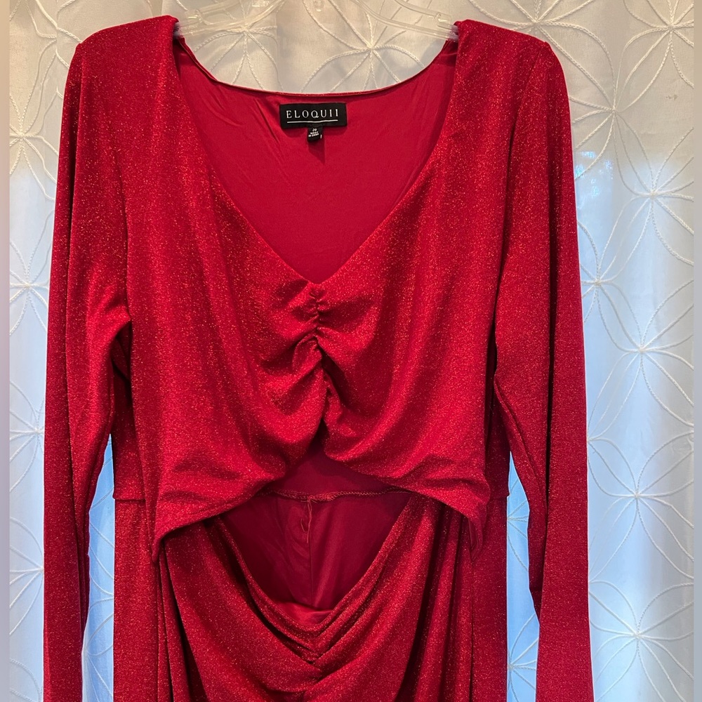 Eloquii red maxi long sleeve dress with front cut out, Size 20